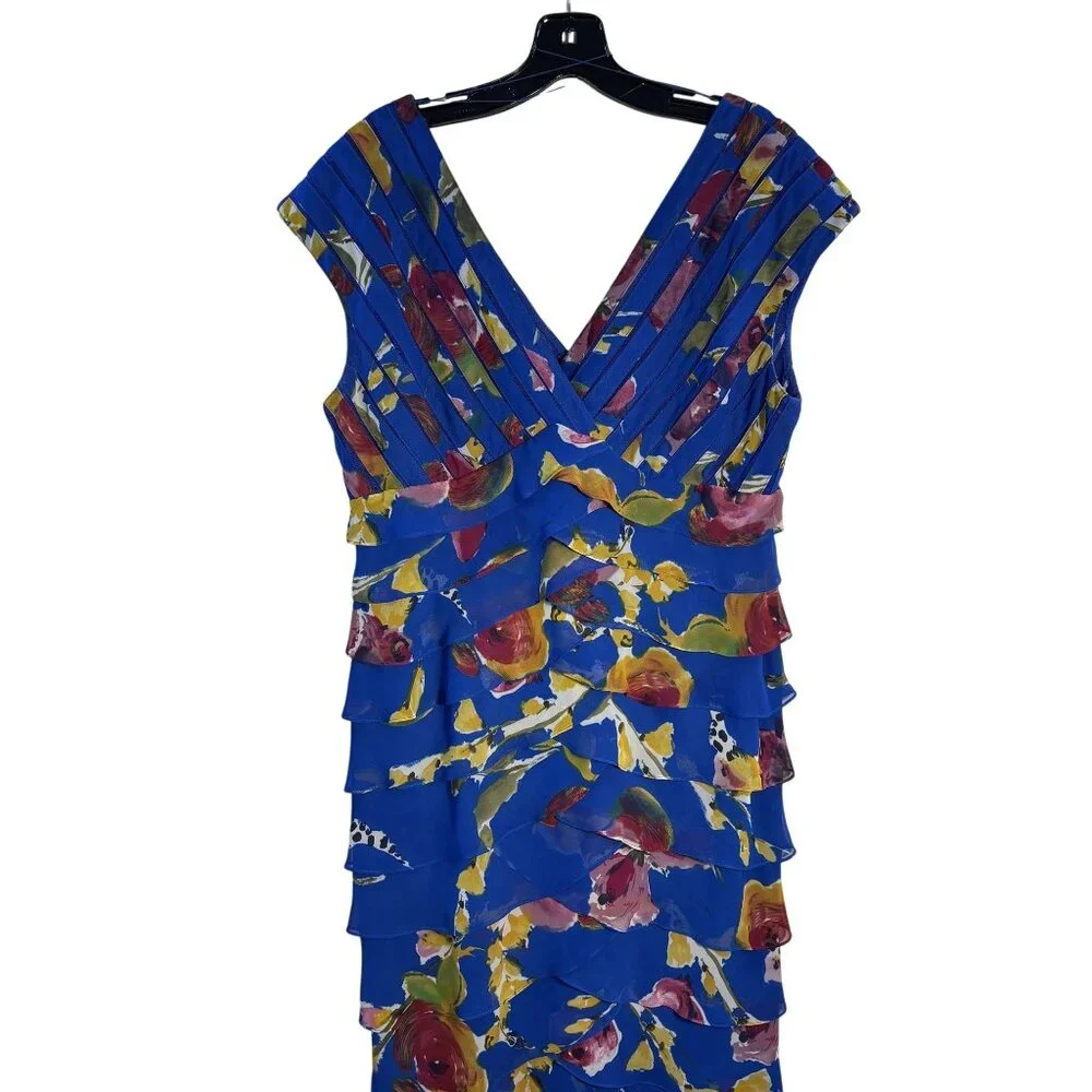 Floral Tiered Blue Sleeveless V-Neck Dress, Ruffled Layers, Multicolor Print - Picture 2 of 13